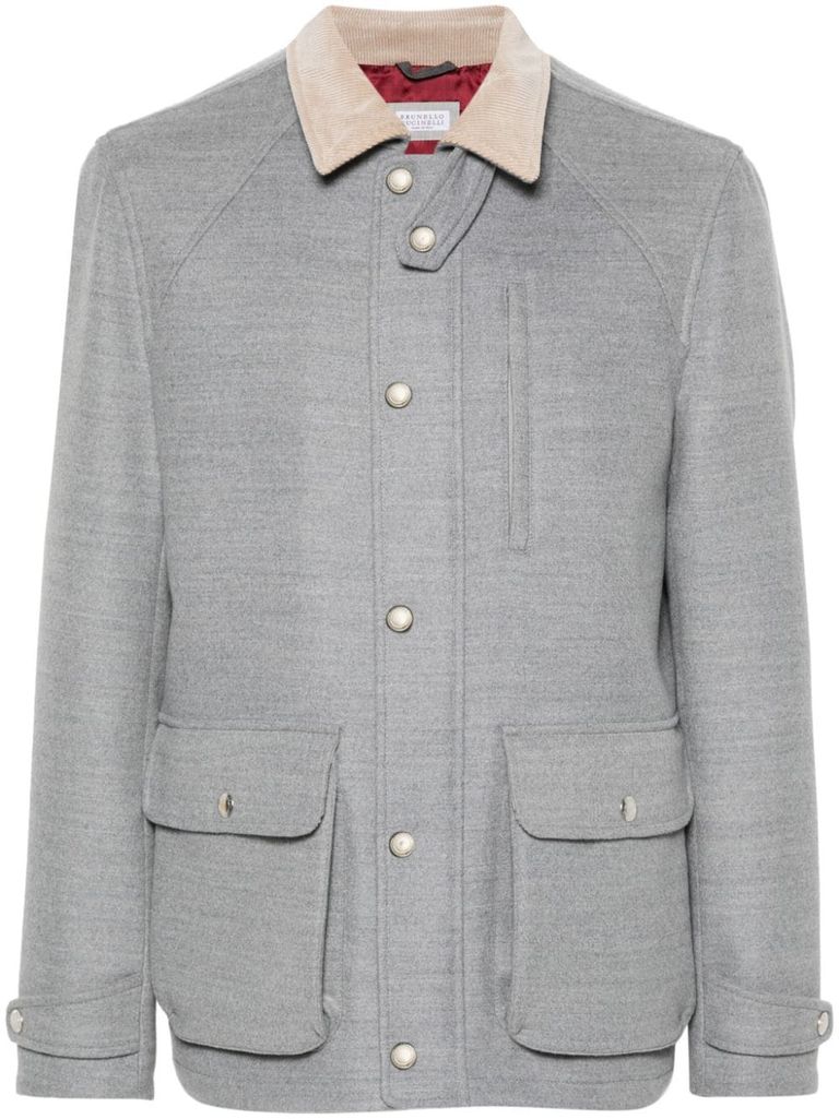 Shop Brunello Cucinelli Wool Jacket With A Ribbed Velvet Collar In Grey