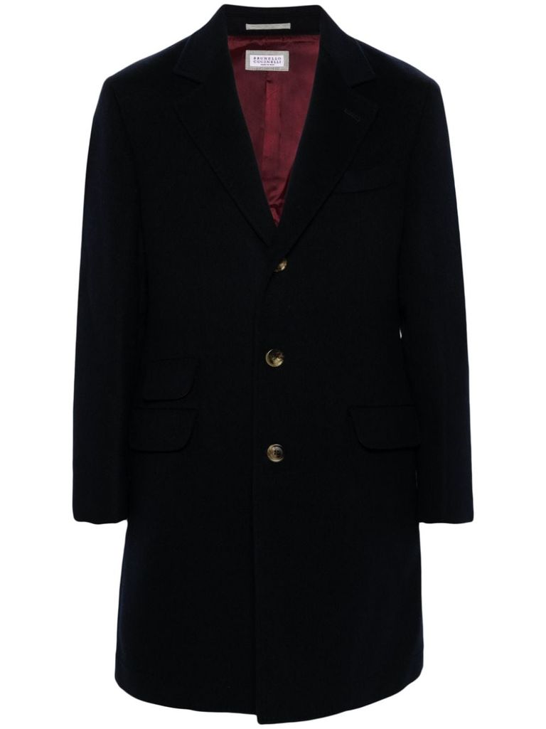 Shop Brunello Cucinelli Single-breasted Wool Coat With Pockets In Blue