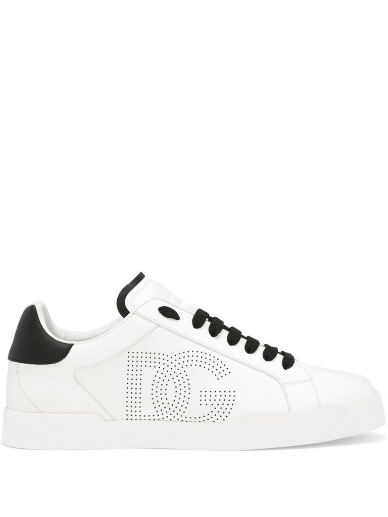 Shop Dolce & Gabbana Portofino Sneakers In Calf Leather With Black Perforated Logo In White