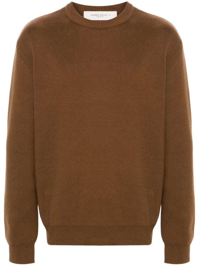 Shop Golden Goose Davis Basic Cotton Sweater With Logo Embroidery On The Back In Brown