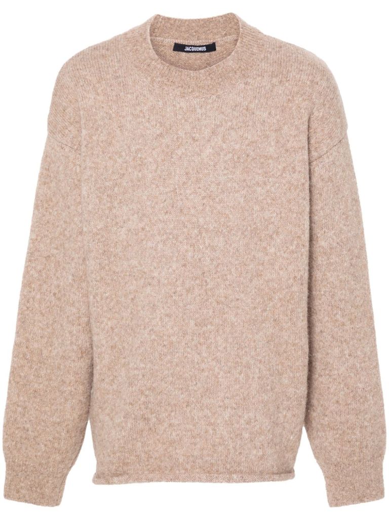 Shop Jacquemus Le Pull Sweater In Alpaca Blend With Logo In Beige