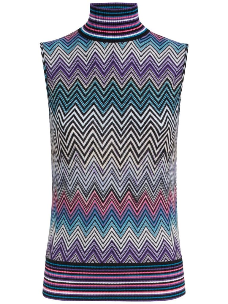 Shop Missoni High Neck Zigzag Knitted Top In Blue