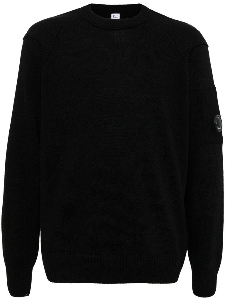 Shop C.p. Company Crew Neck Wool Sweater With Lens Logo In Black