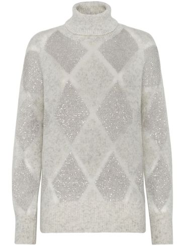 Diamond-patterned sweater with high collar