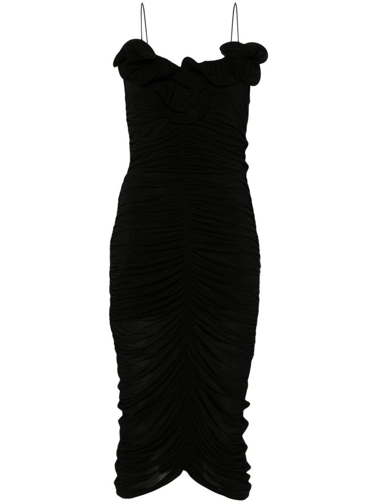 Shop Magda Butrym Ruched Ruffle Midi Dress In Black