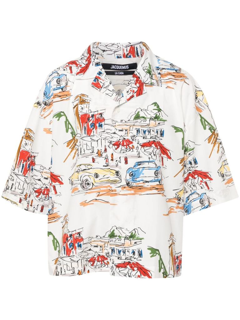 Shop Jacquemus La Chemise Casaco Cotton Shirt With Capri Cars Print In White