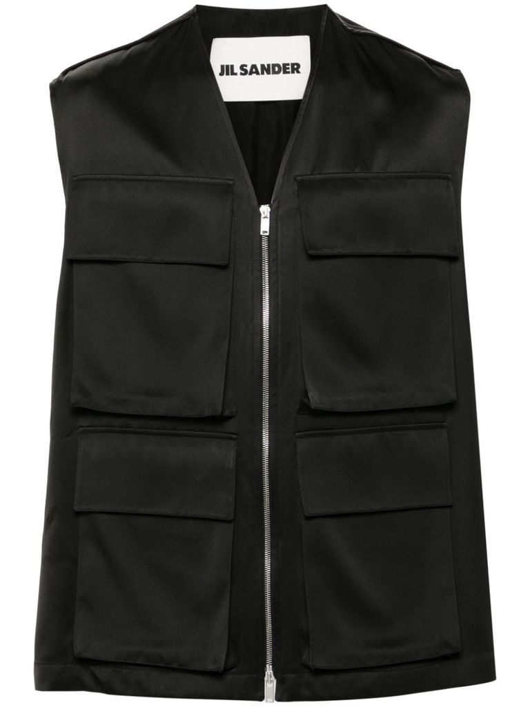 Shop Jil Sander Vest In Viscose And Silk With Applied Pockets In Black