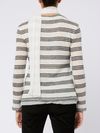 White striped shirt with black stripes and floral detail