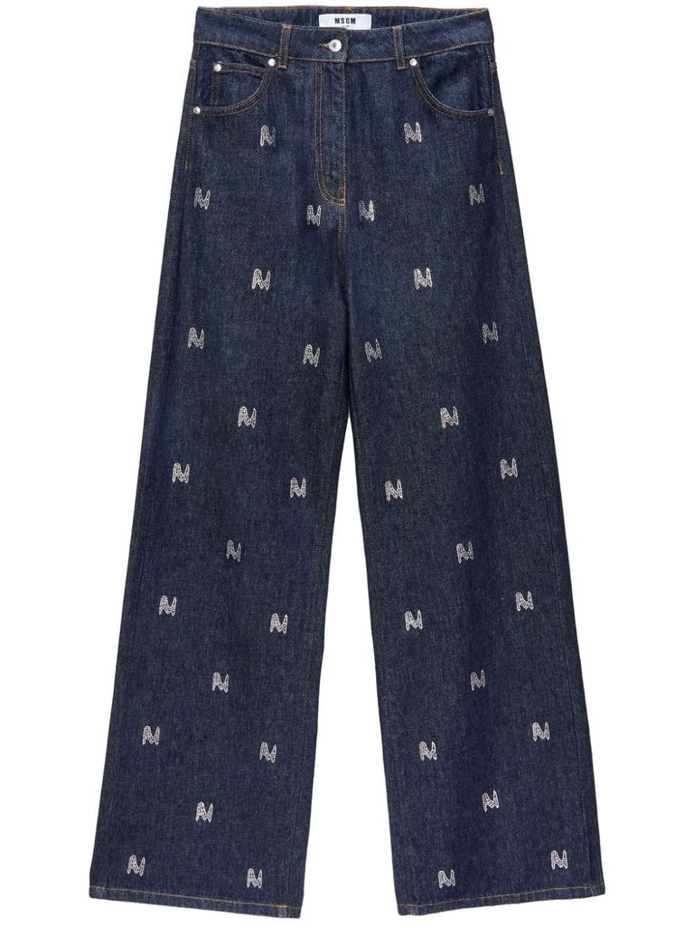 Shop Msgm Rhinestone Embellished Denim In Blue