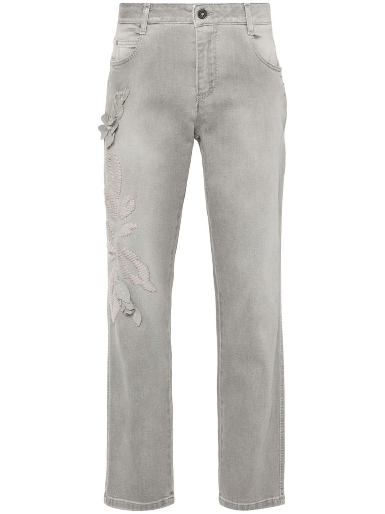 Shop Ermanno Scervino Gray Jeans With Floral Embroidery In Grey