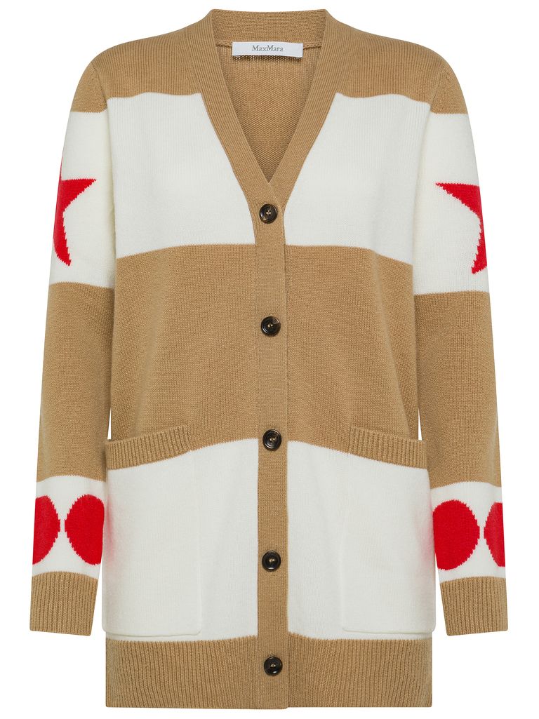 Shop Max Mara Wool Cardigan With Graphic Elements In Beige