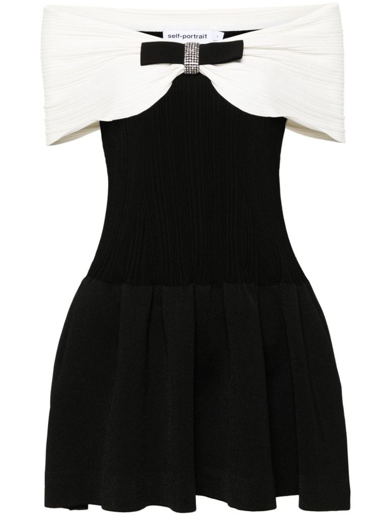 Shop Self-portrait Bow Detail Off-shoulder Minidress In Black