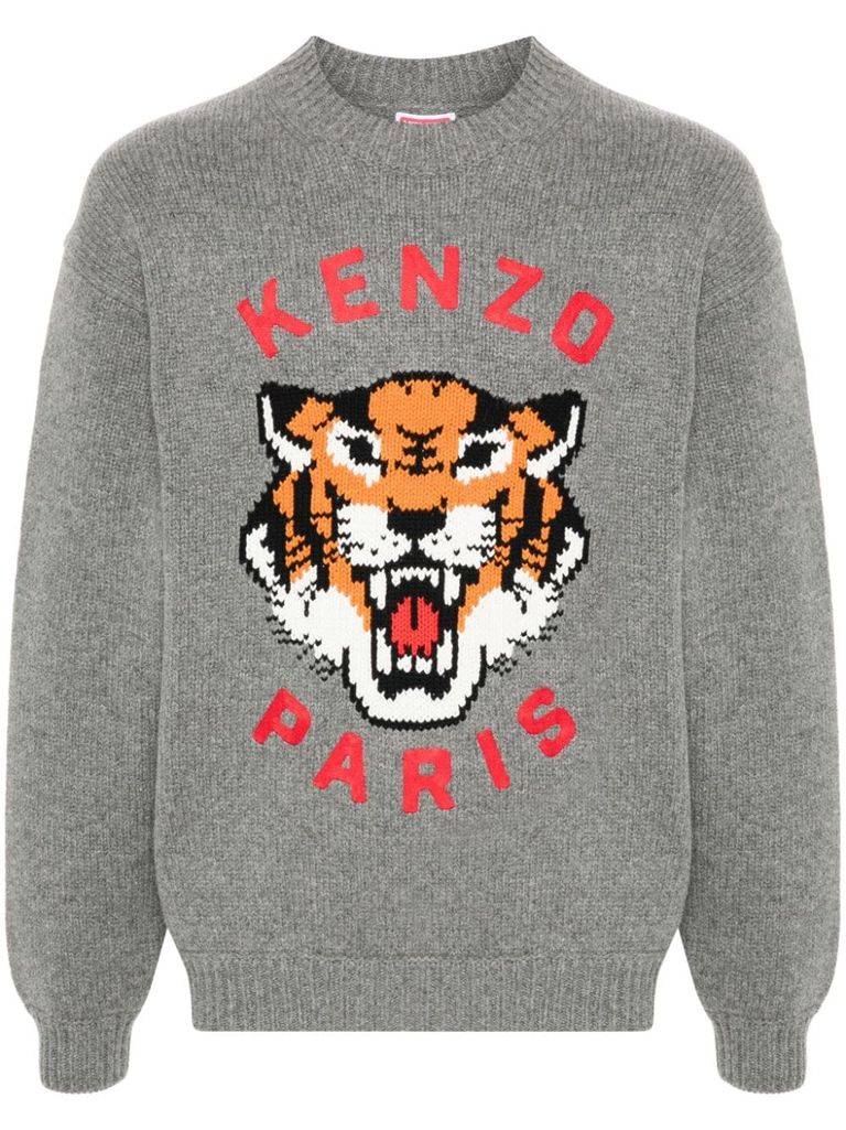 Shop Kenzo Lucy Tiger Sweater In Cotton With Front Logo In Grey