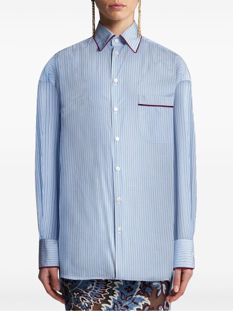 Shop Etro Light Blue Striped Shirt With Burgundy Details