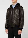 High-collar leather jacket with hood