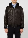 High-collar leather jacket with hood