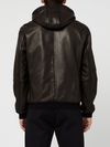 High-collar leather jacket with hood