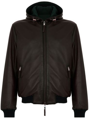 LEATHER AUTHORITY - High-collar leather jacket with hood