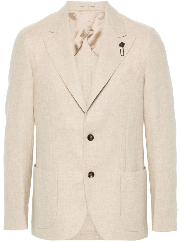 Shop Lardini Single-breasted Virgin Wool Blazer With Pin In Beige