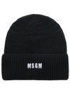 Black ribbed wool blend beanie with logo