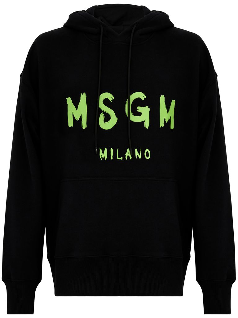 Shop Msgm Hooded Cotton Sweatshirt With Green Logo In Black