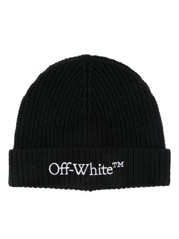 Black ribbed wool beanie with embroidered logo