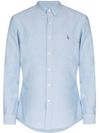 Slim fit light blue cotton shirt with embroidered logo