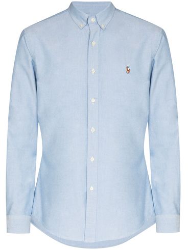 Slim fit light blue cotton shirt with embroidered logo