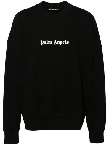 PALM ANGELS - Felpa girocollo in cotone nero con logo bianco