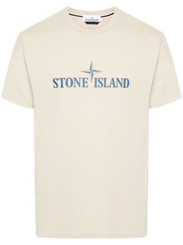 STONE ISLAND - White cotton T-shirt with printed logo.