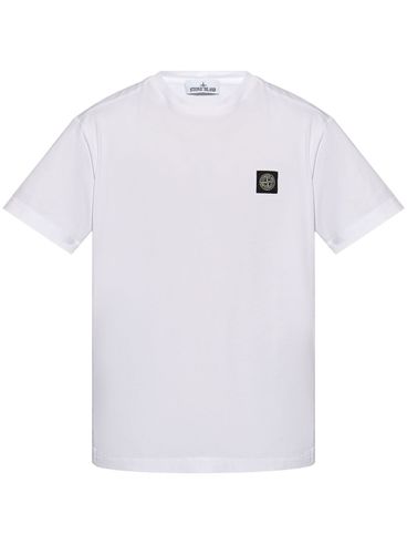 STONE ISLAND - White cotton T-shirt with logo applique