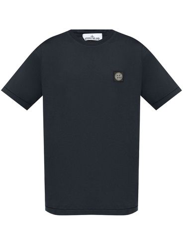 STONE ISLAND - Blue Cotton T-shirt with logo applique