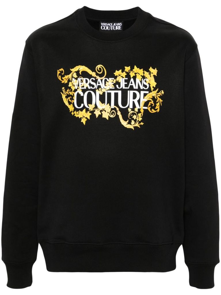 Shop Versace Jeans Couture Cotton Crewneck Sweatshirt With Logo In Black