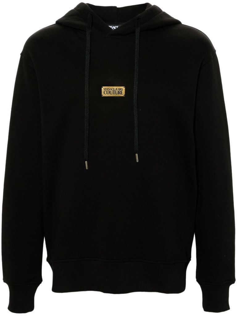 Shop Versace Jeans Couture Cotton Hooded Sweatshirt With Logo Plaque In Black