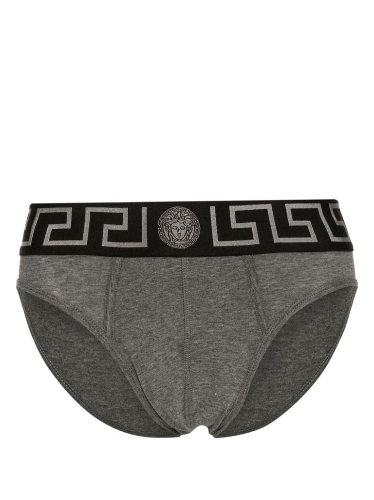 Shop Versace Cotton Briefs With Greek Key Pattern In Grey