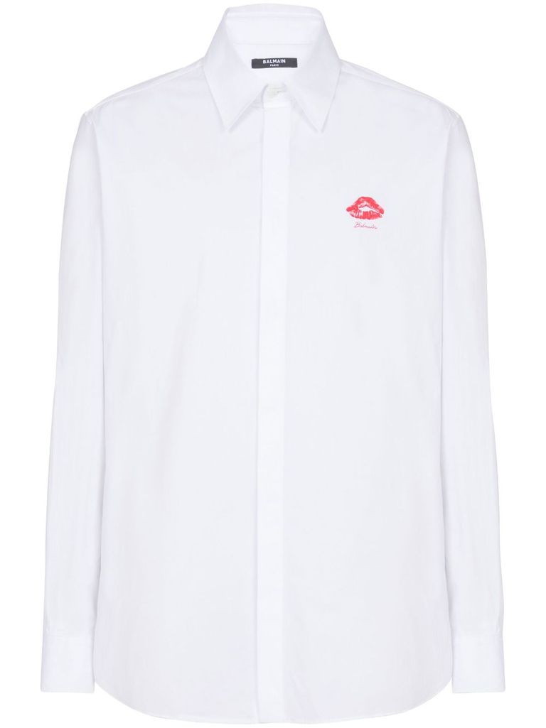 Shop Balmain Kiss Print Cotton Shirt In White