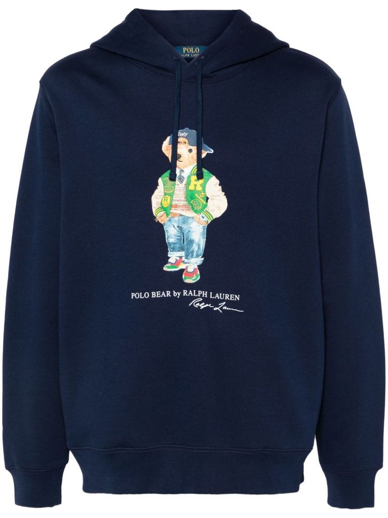 Shop Polo Ralph Lauren Cotton Hoodie With Bear Print In Blue