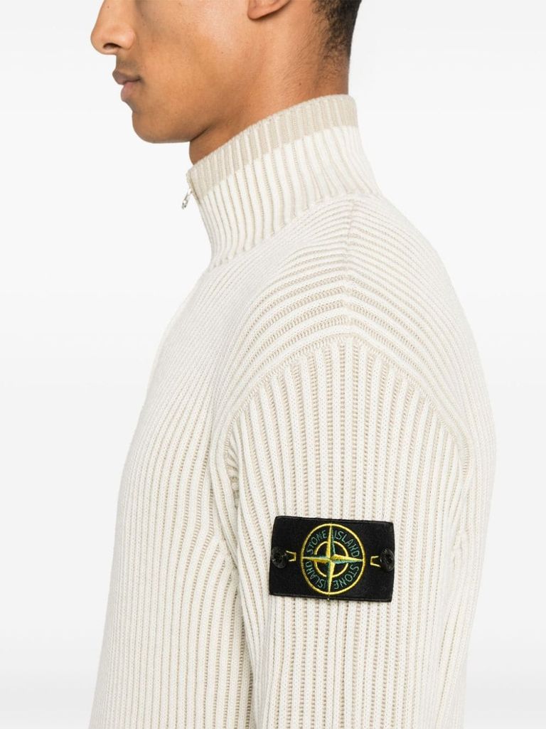 Shop Stone Island Virgin Wool Ribbed Vanisé Sweater In Bianco