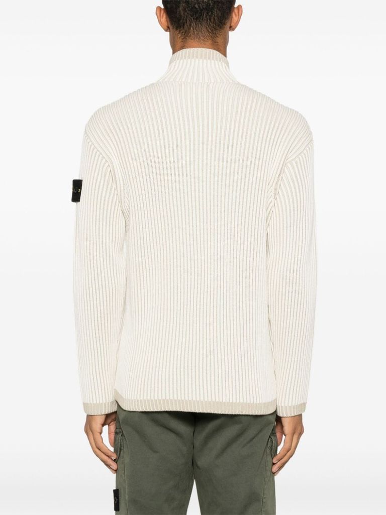 Shop Stone Island Virgin Wool Ribbed Vanisé Sweater In Bianco