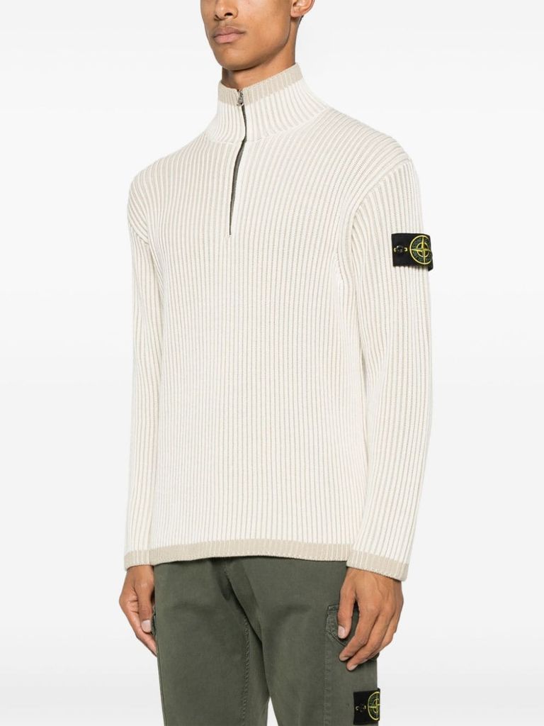 Shop Stone Island Virgin Wool Ribbed Vanisé Sweater In Bianco