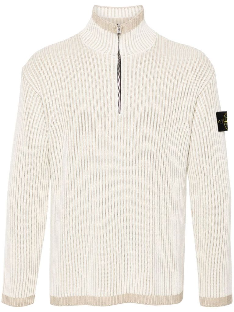 Shop Stone Island Virgin Wool Ribbed Vanisé Sweater In Bianco