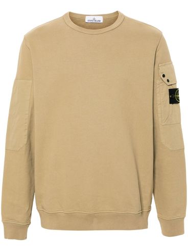 Beige Cotton Crewneck Sweatshirt with Pocket