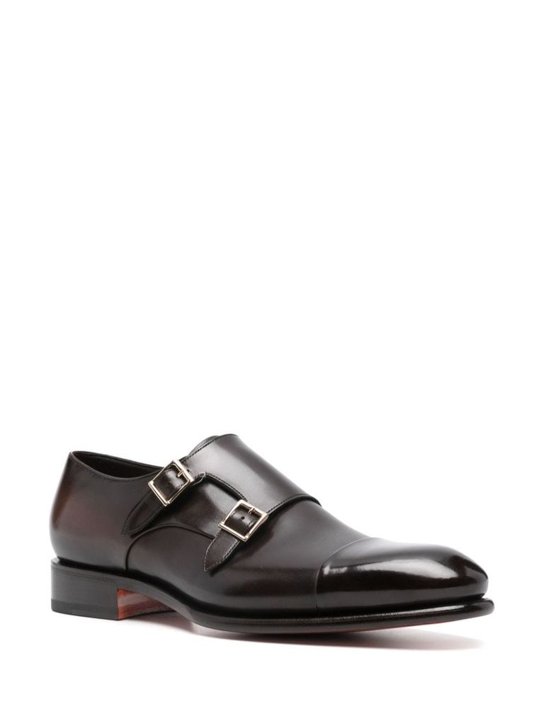 Shop Santoni Calf Leather Monk Strap Shoes In Marrone