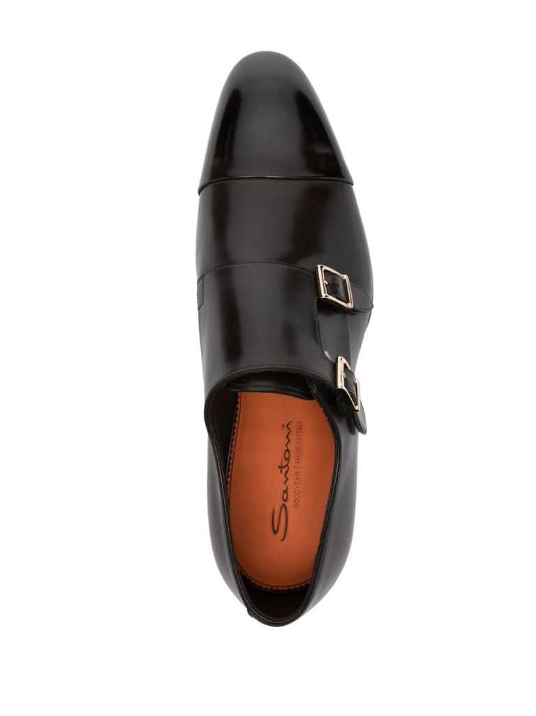 Shop Santoni Calf Leather Monk Strap Shoes In Marrone