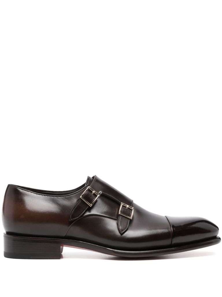 Shop Santoni Calf Leather Monk Strap Shoes In Marrone