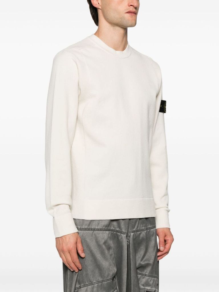 Shop Stone Island Virgin Wool Sweater With Compass Motif In Bianco