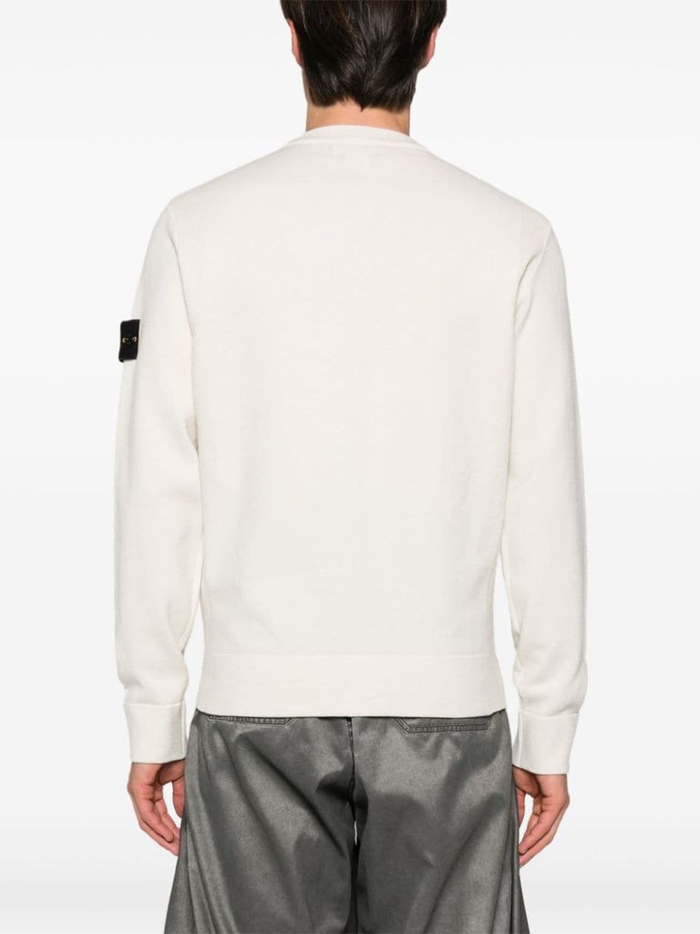 Shop Stone Island Virgin Wool Sweater With Compass Motif In Bianco