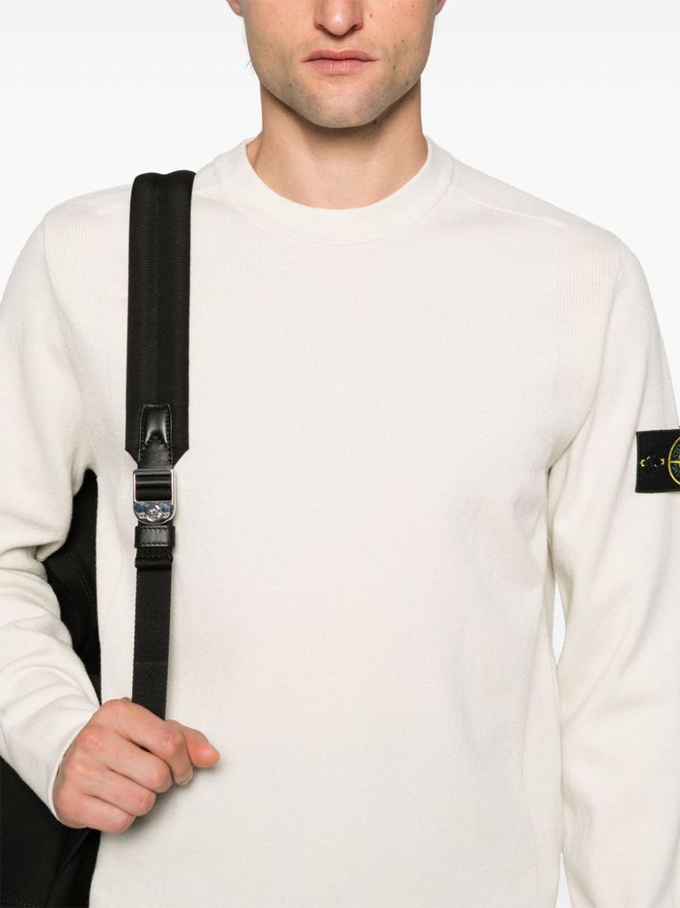 Shop Stone Island Virgin Wool Sweater With Compass Motif In Bianco