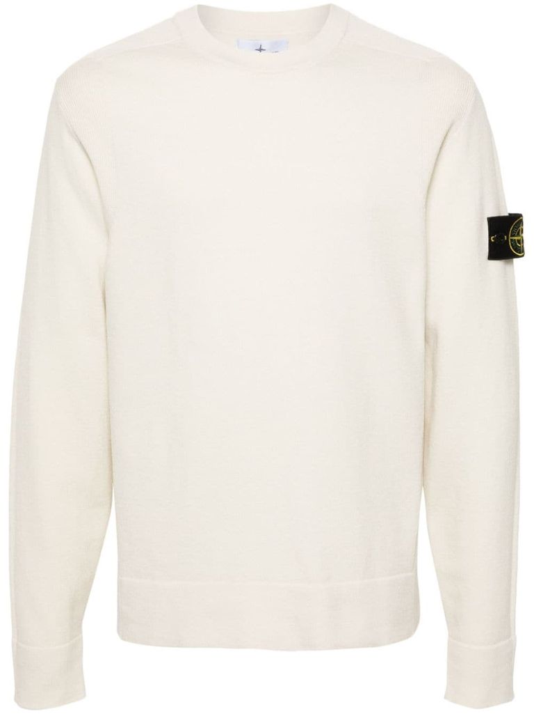 Shop Stone Island Virgin Wool Sweater With Compass Motif In Bianco