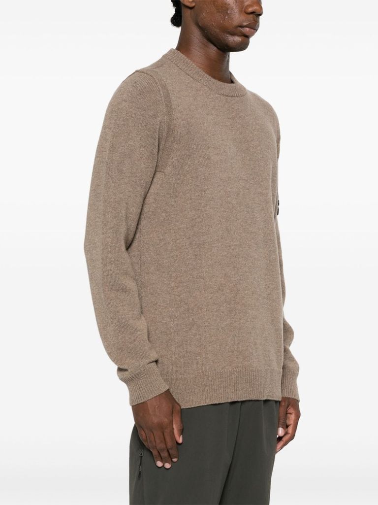 Shop Stone Island Beige Wool Crewneck Sweater With Logo Patch